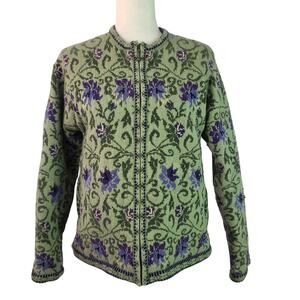 Icelandic Green Purple Floral Wool Blend Lined Vintage Cardigan Jacket Sweater S